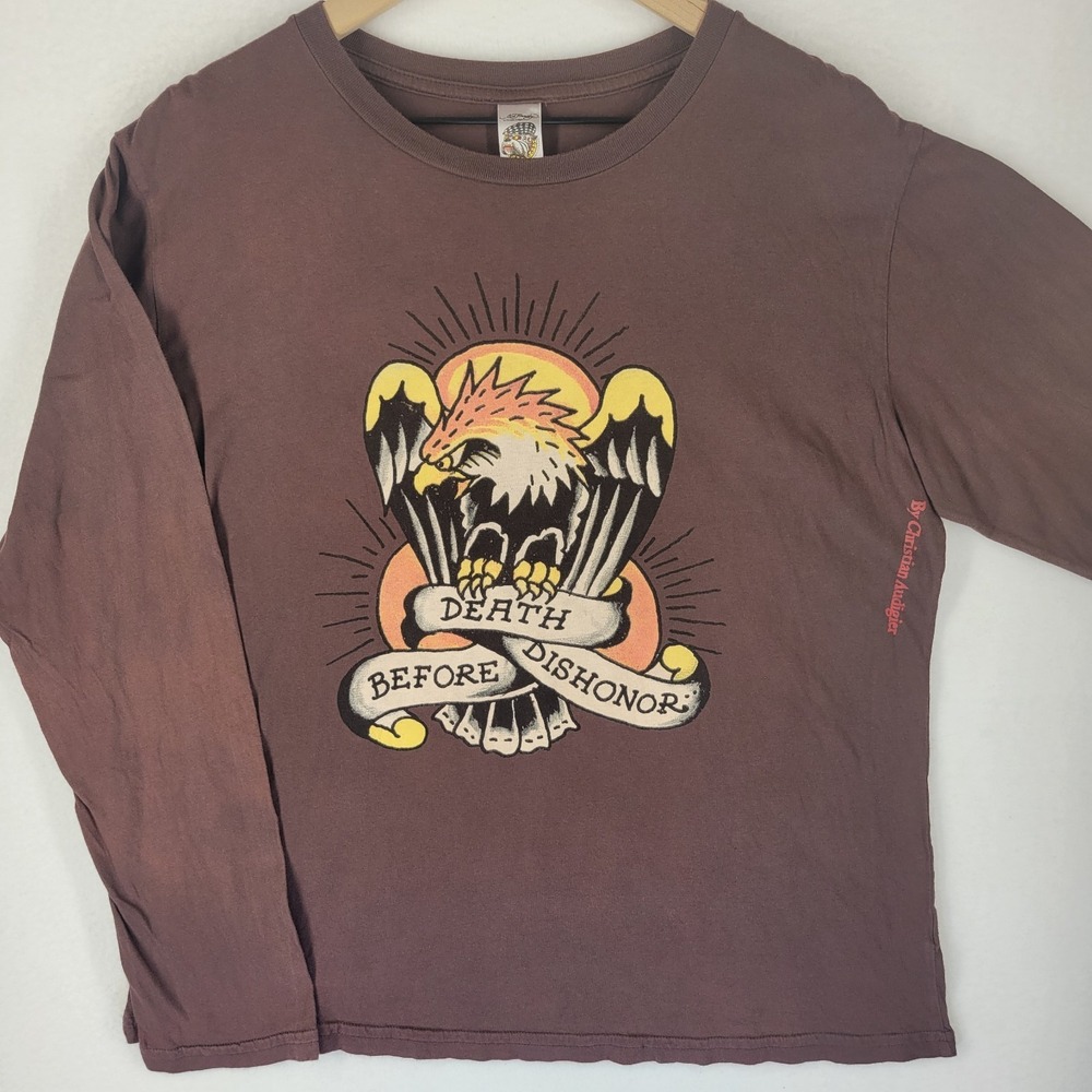 Ed Hardy Long Sleeve Graphic T-Shirt Mens Brown Cotton Tattoo Eagle Vintage Y2K